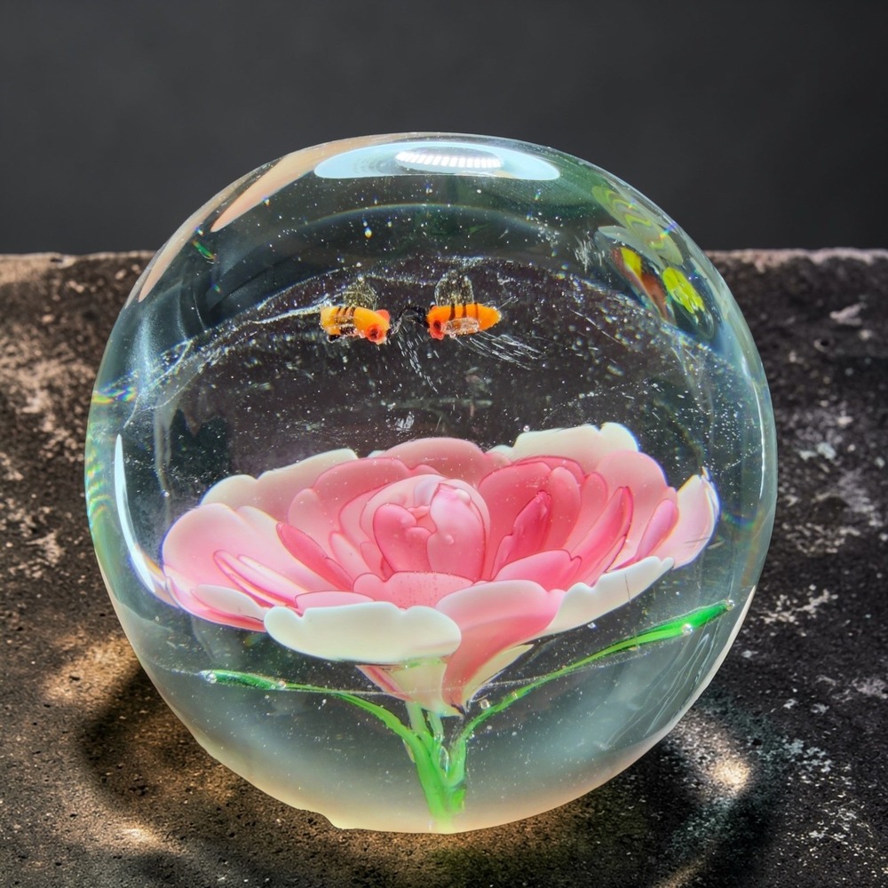 Vintage Art‎ Glass Paperweight Pink Flower with Two Bumblebees Heavy Orb Round